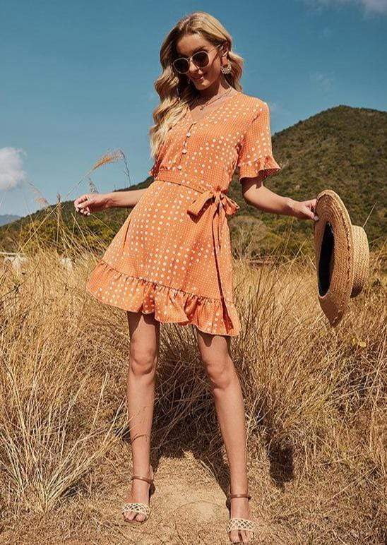 Anna-Kaci Soft Dot Print Swing Tunic Dress Button Down Tied Waist for Women Large 8-10 / Orange