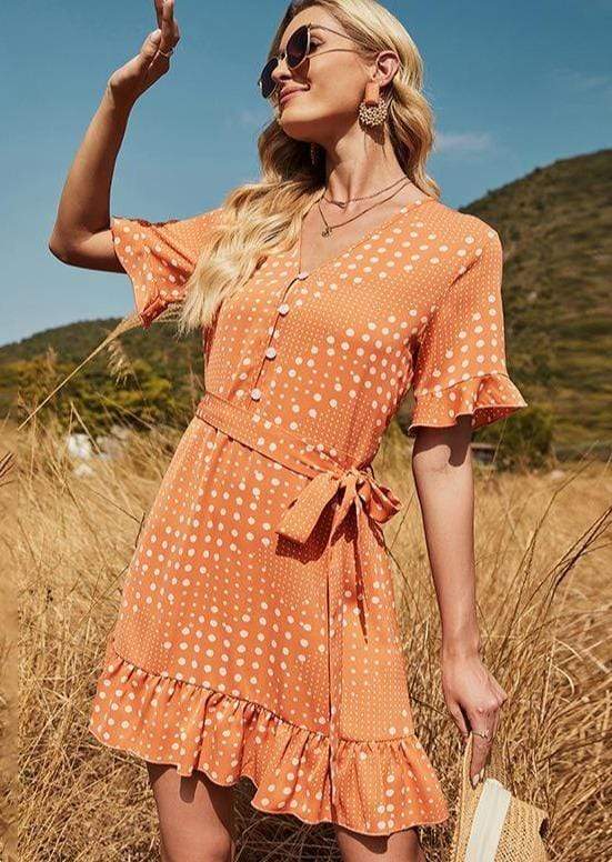 Anna-Kaci Soft Dot Print Swing Tunic Dress Button Down Tied Waist for Women