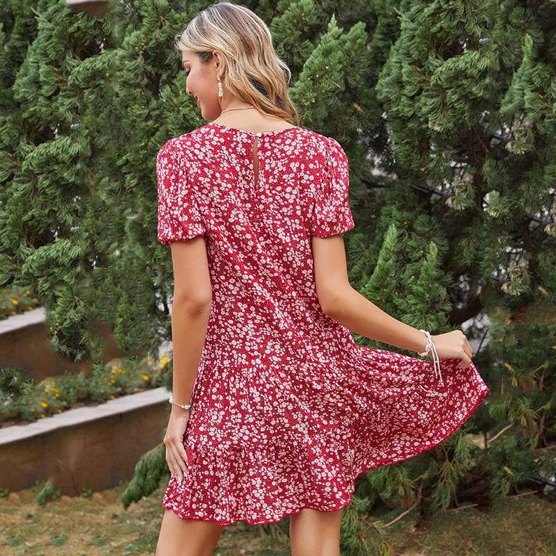 Anna-Kaci Soft Floral Print Red Swing Dress with Short Sleeves and Round Neck