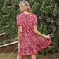 Anna-Kaci Soft Floral Print Red Swing Dress with Short Sleeves and Round Neck