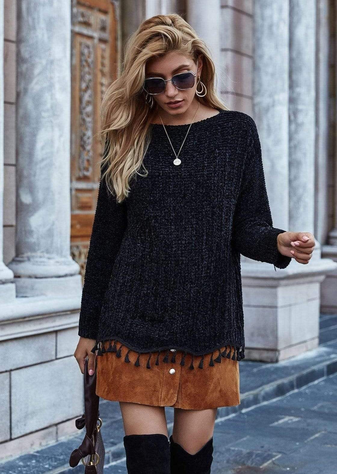 Anna-Kaci Soft Knit Tassel Hem Long Sleeve Solid Sweater for Women