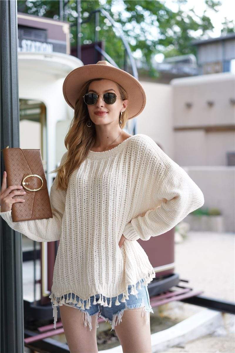 Anna-Kaci Soft Knit Tassel Hem Long Sleeve Solid Sweater for Women