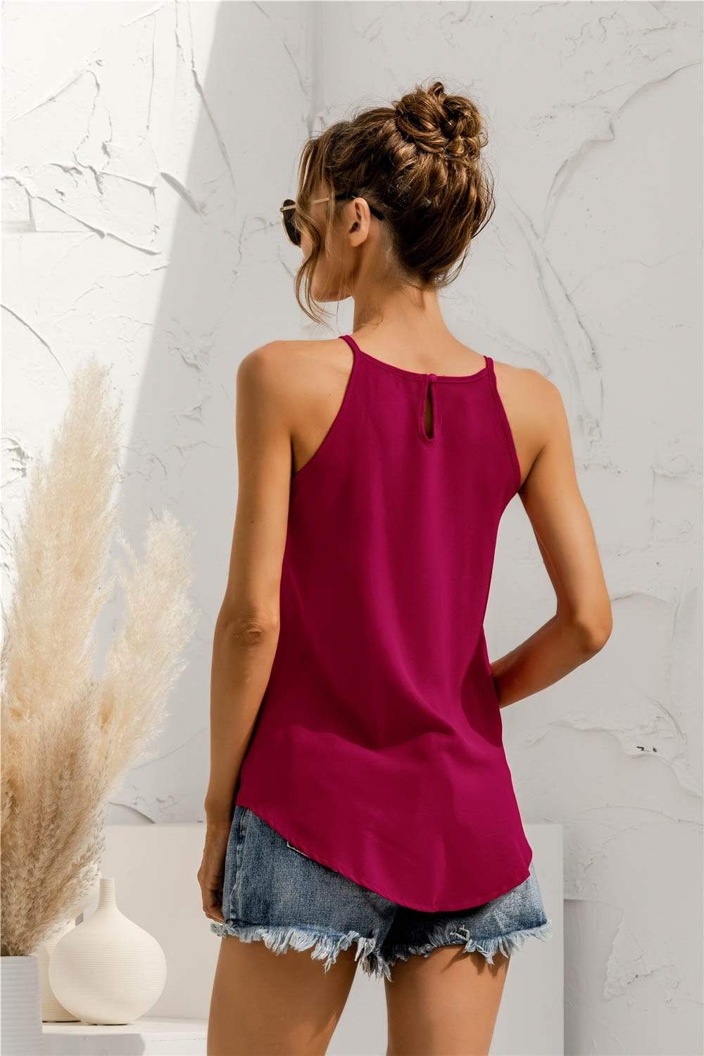 Anna-Kaci Solid Color Keyhole Back Relaxed Fit Light Halter Top for Women