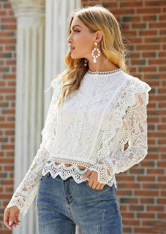 Anna-Kaci Solid Color Long Sleeve Crochet Lace Zip Up Blouse for Women L / White