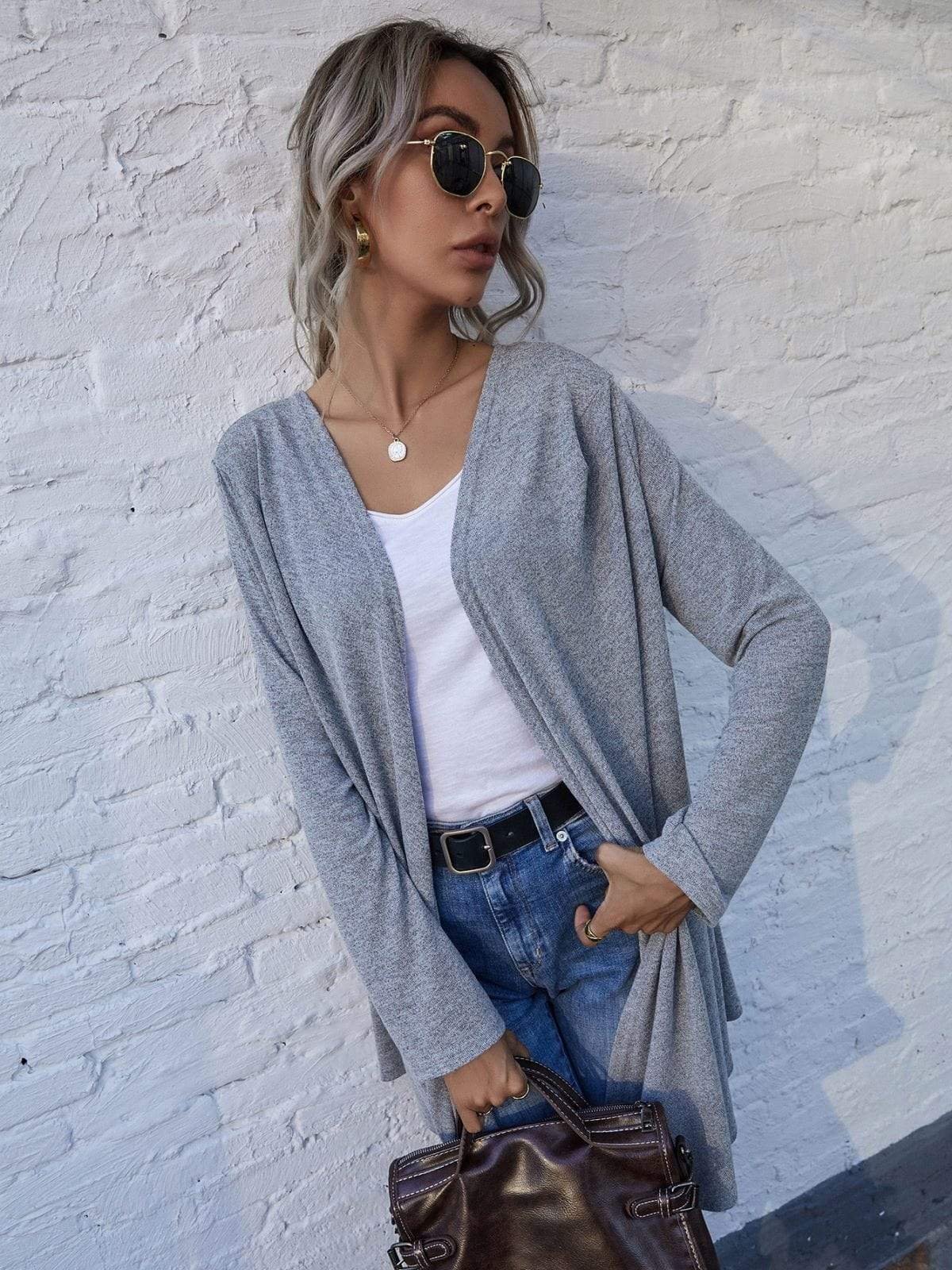 Anna-Kaci Solid Color Open Front Asymmetrical Hem Long Cardigan for Women