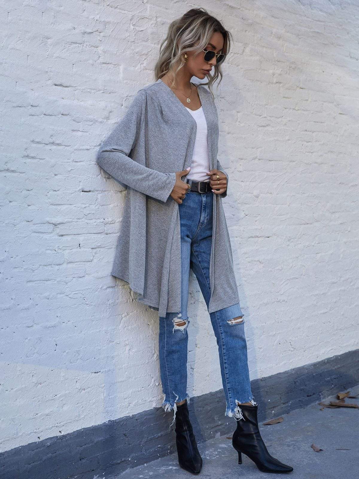 Anna-Kaci Solid Color Open Front Asymmetrical Hem Long Cardigan for Women