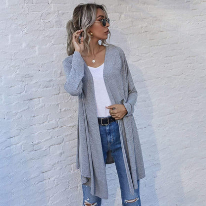 Anna-Kaci Solid Color Open Front Asymmetrical Hem Long Cardigan for Women Large 8-10 / Gray