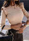 Anna-Kaci Solid Color Round Neck Ruffle Long Sleeve Fitted Top for Women