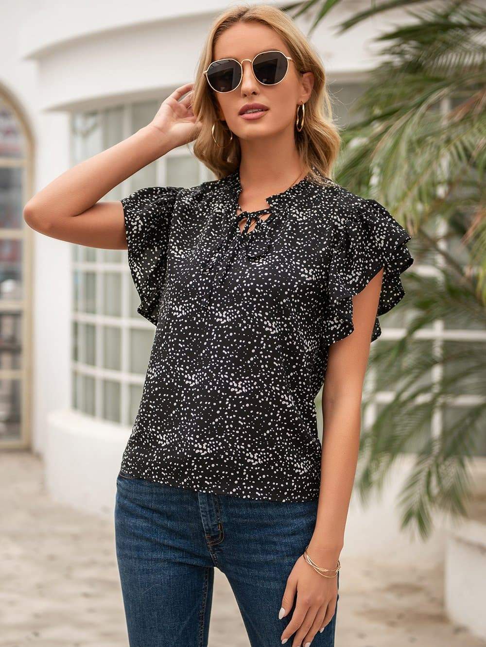 Anna-Kaci Speckle Dot Print Ruffle Short Shoulder Sleeve Tied Front Blouse Small 0-4 / Black