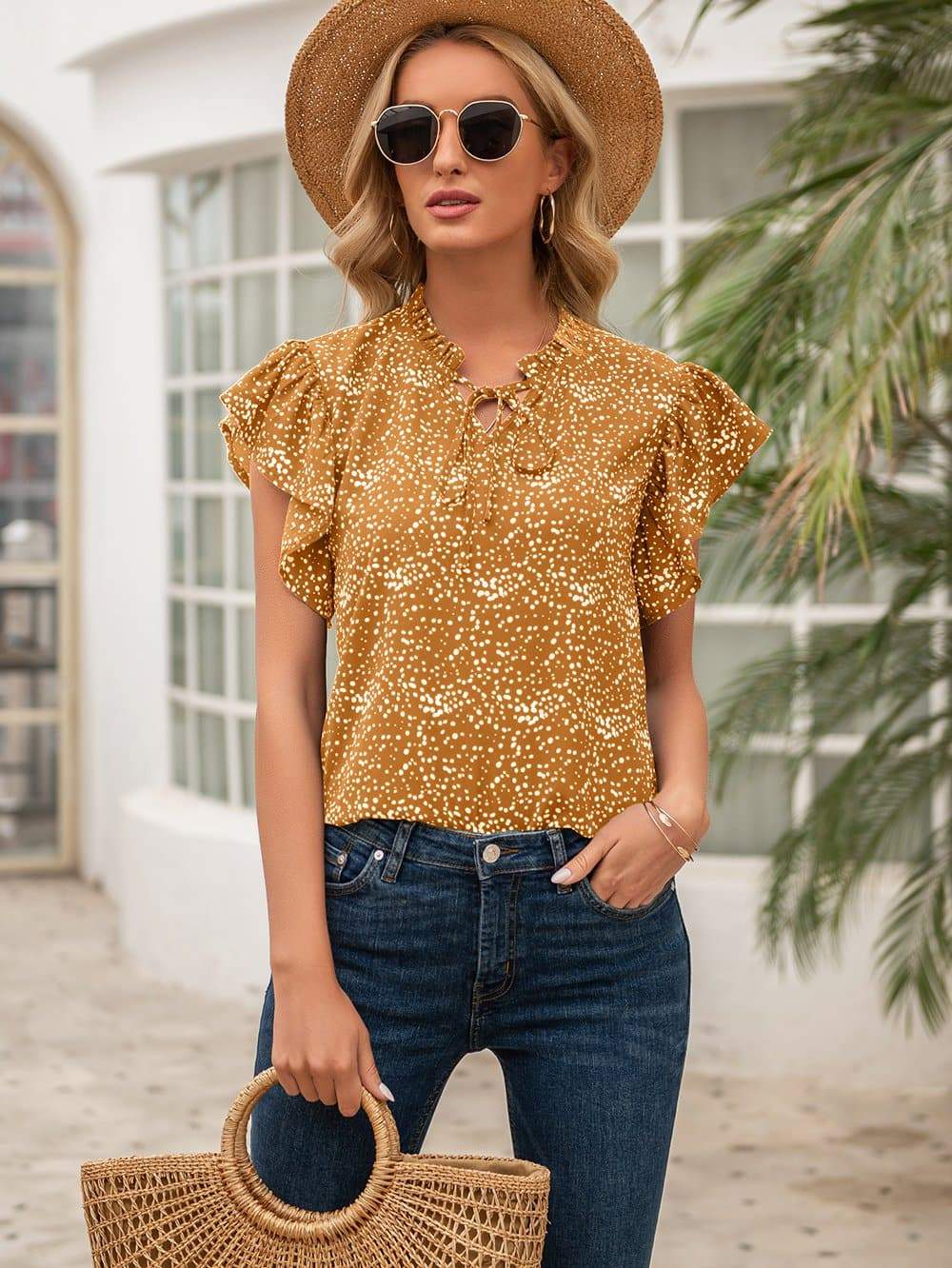 Anna-Kaci Speckle Dot Print Ruffle Short Shoulder Sleeve Tied Front Blouse Small 0-4 / Sunrise Yellow