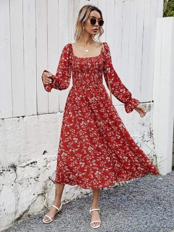 Anna-Kaci Square Neck Bishop Sleeve Floral Print Dress Mid Calf Length