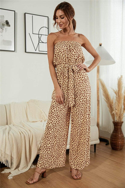 Anna-Kaci Strapless Floral Print Tied Waist Chic Wide Leg Jumpsuit for Women Large 8-10 / Beige