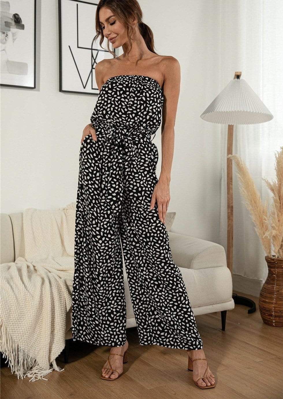 Anna-Kaci Strapless Floral Print Tied Waist Chic Wide Leg Jumpsuit for Women