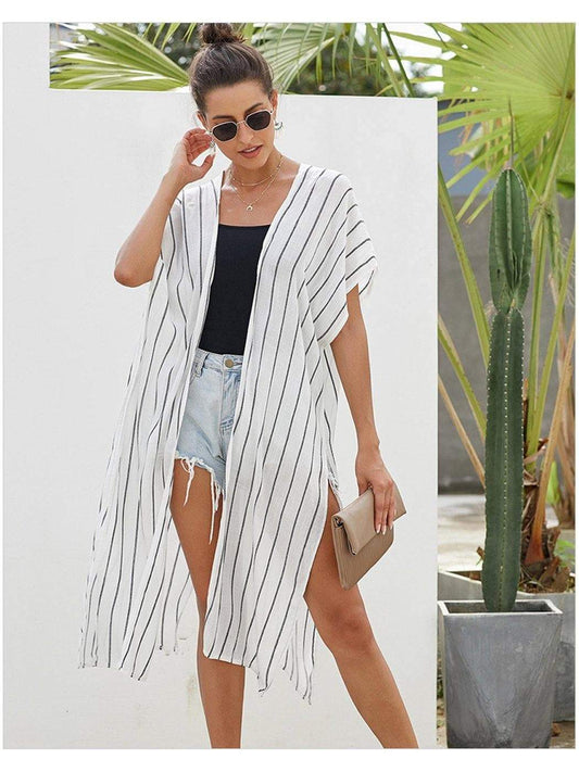 Anna-Kaci Stripe Short Sleeve Kimono Outerwear | Womens | Anna-Kaci One Size / White