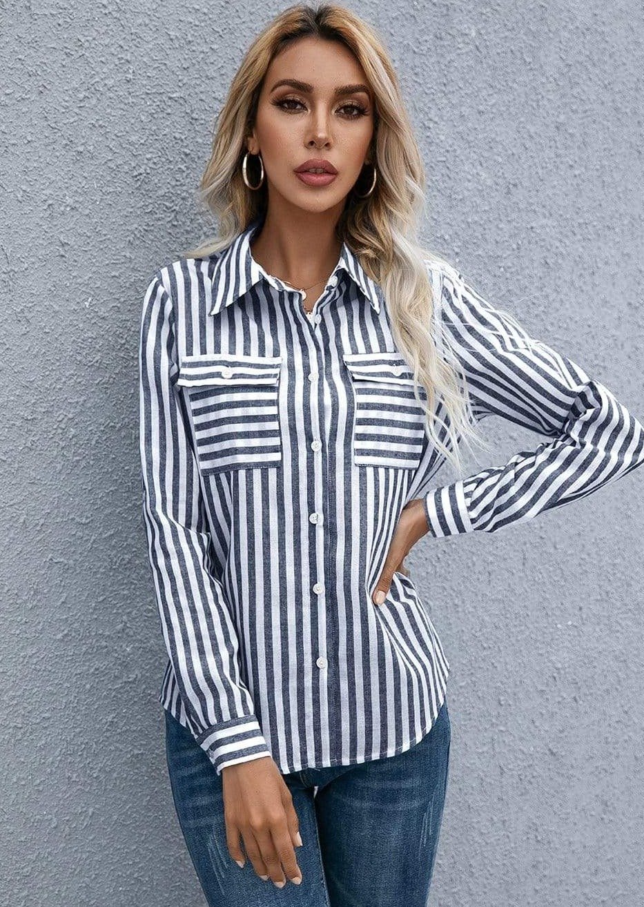 Anna-Kaci Striped Button Collared Long Sleeve Shirt for Women Large 8-10 / Black