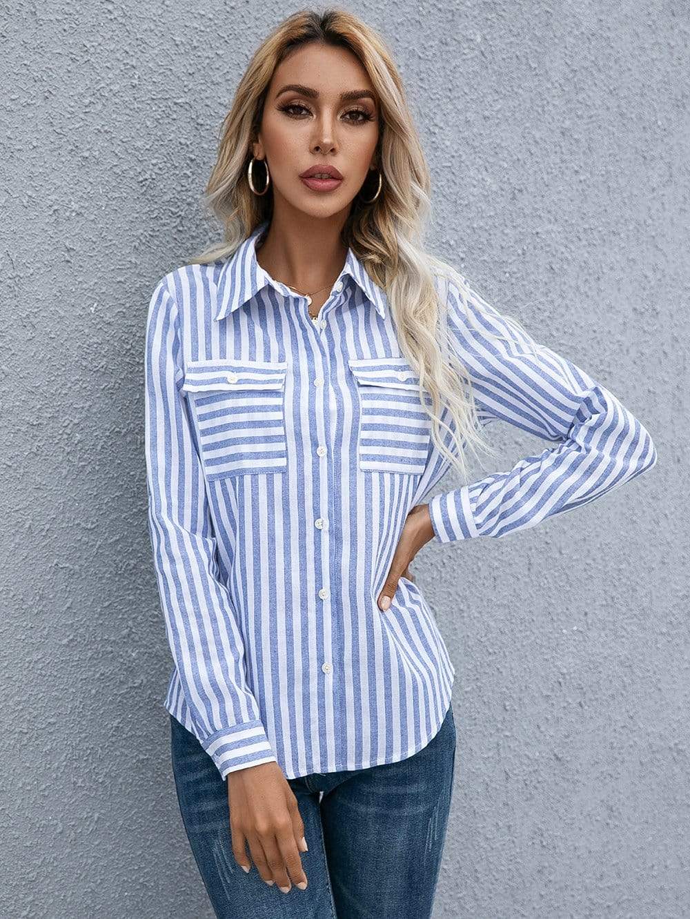 Anna-Kaci Striped Button Collared Long Sleeve Shirt for Women Large 8-10 / Light Blue