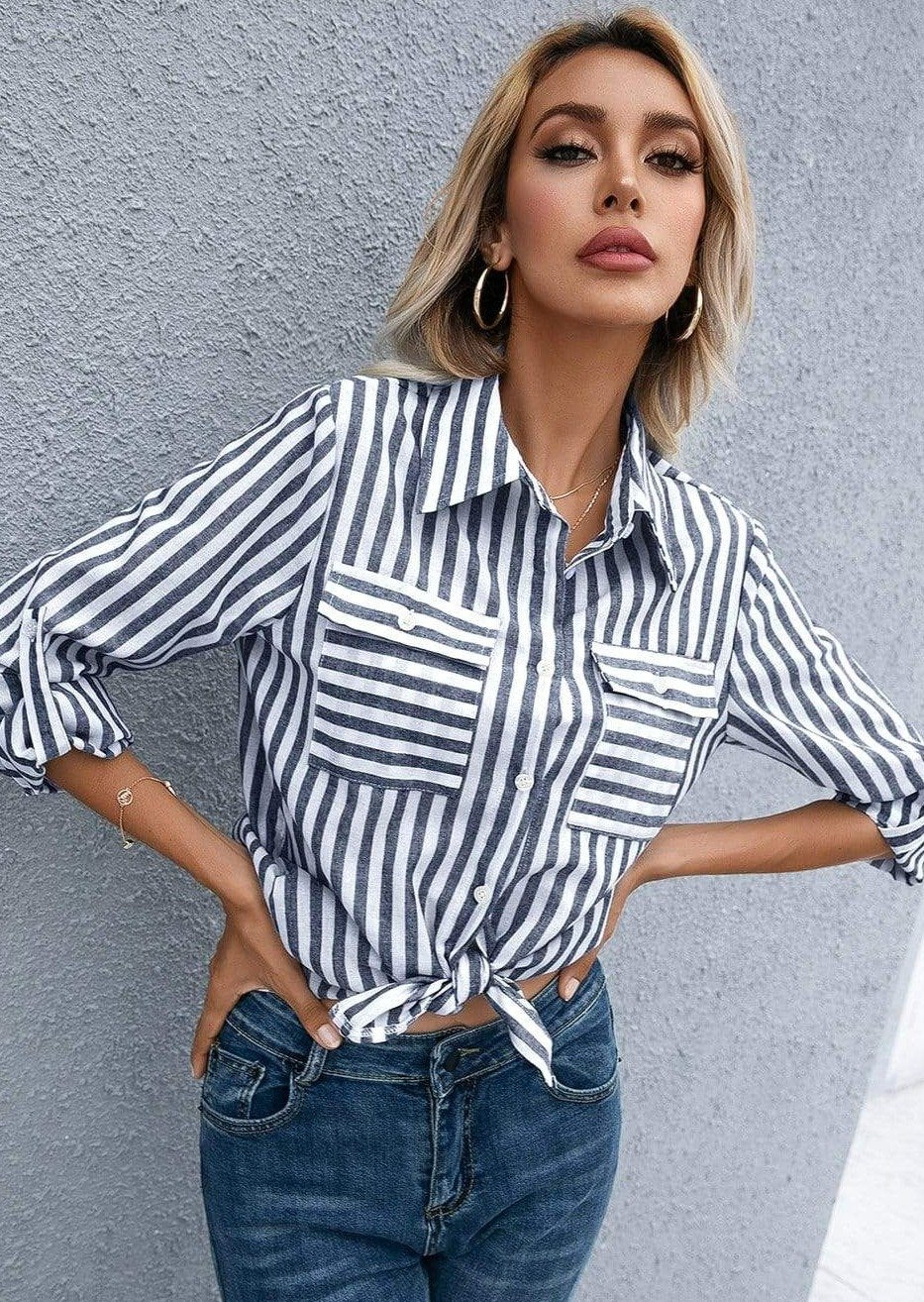 Anna-Kaci Striped Button Collared Long Sleeve Shirt for Women