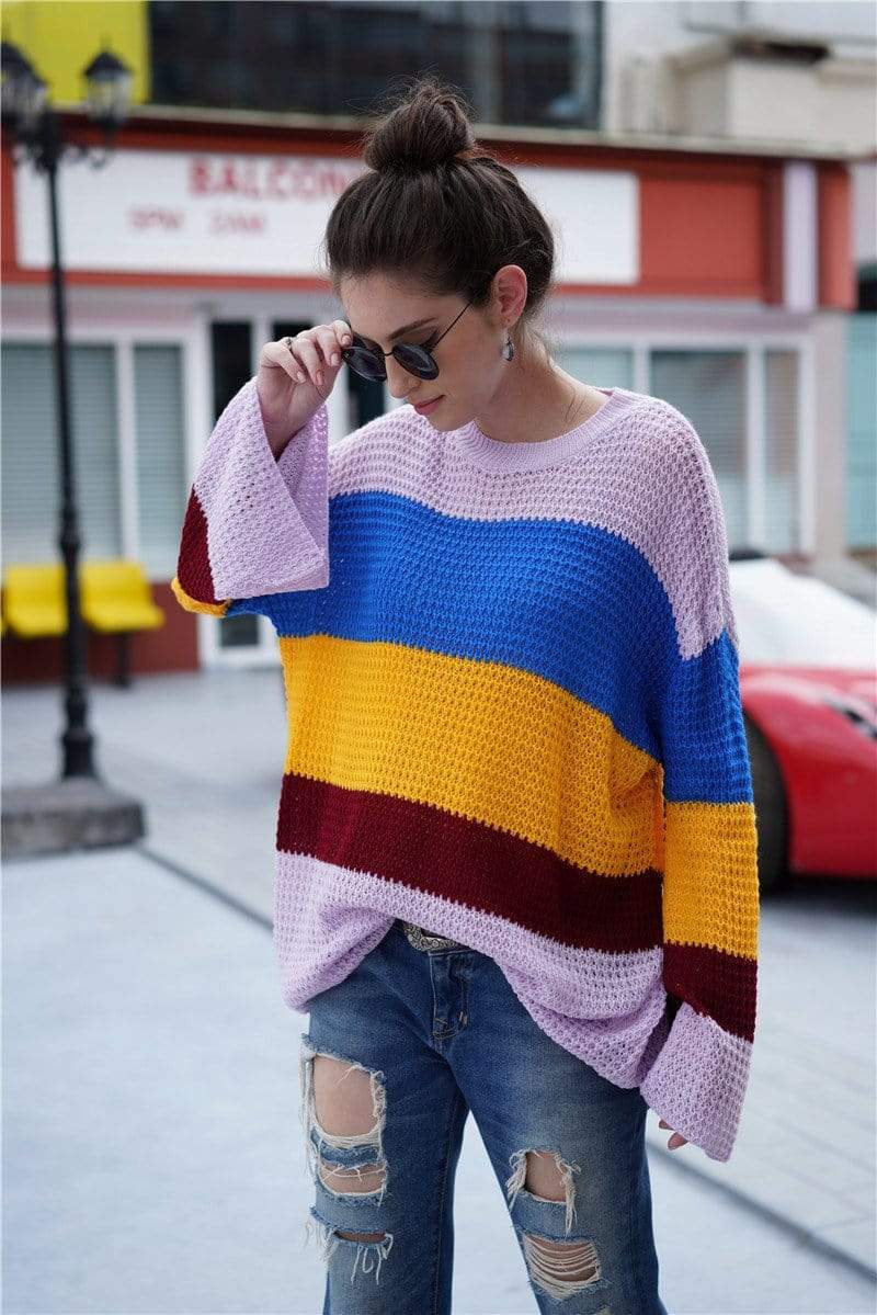 Anna-Kaci Striped Color Blocked Light Knit Long Sleeve Sweater for Women