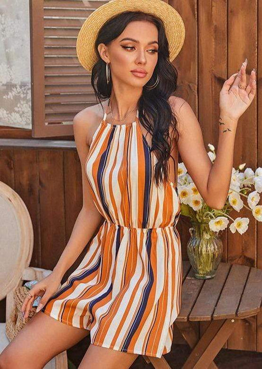 Anna-Kaci Striped Halter Neck Backless Tied Romper for Women Large 8-10 / Orange