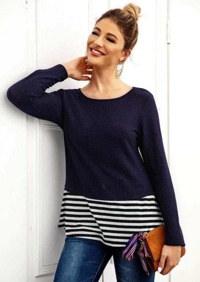 Anna-Kaci Striped Hem Black and White Waffle Knit Long Sleeve Round Neck for Women