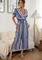 Anna-Kaci Striped Jumpsuit Romper V Neck Short Sleeve Wide Leg for Women Large 8-10 / Blue