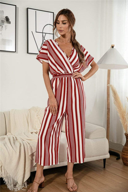 Anna-Kaci Striped Jumpsuit Romper V Neck Short Sleeve Wide Leg for Women Large 8-10 / Red