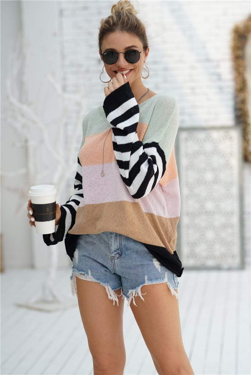 Anna-Kaci Striped Knitted Color Block Long Sleeve Light Sweater Top for Women