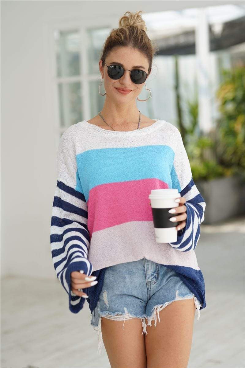 Anna-Kaci Striped Knitted Color Block Long Sleeve Light Sweater Top for Women