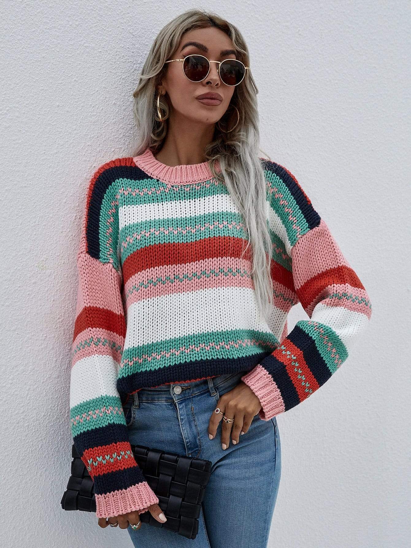 Anna-Kaci Striped Knitted Long Sleeve Sweater Round Neck Relaxed Fit for Women