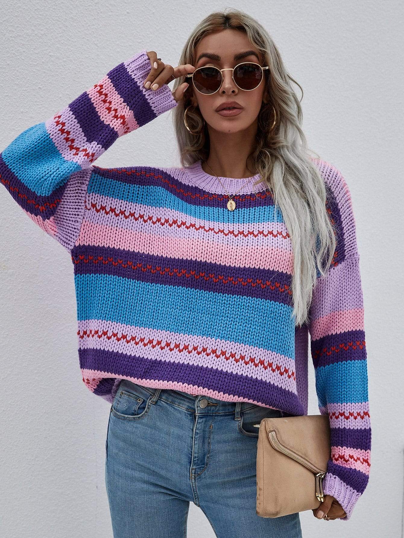 Anna-Kaci Striped Knitted Long Sleeve Sweater Round Neck Relaxed Fit for Women