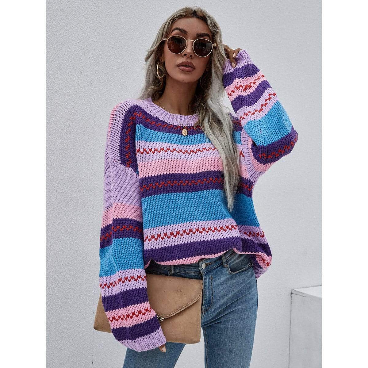 Anna-Kaci Striped Knitted Long Sleeve Sweater Round Neck Relaxed Fit for Women