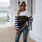 Anna-Kaci Striped Leopard Color Block Long Sleeve Pull Over Top for Women