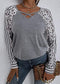 Anna-Kaci Striped Leopard Print Long Sleeve  V-Neck Top for Women