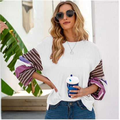 Anna-Kaci Striped Long Sleeve Tunic Top with Round Neck Pullover for Women Small 0-4 / White