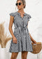 Anna-Kaci Striped Notched Collar Button Tied Front Should Sleeve Mini Dress for Women Large 8-10 / Black