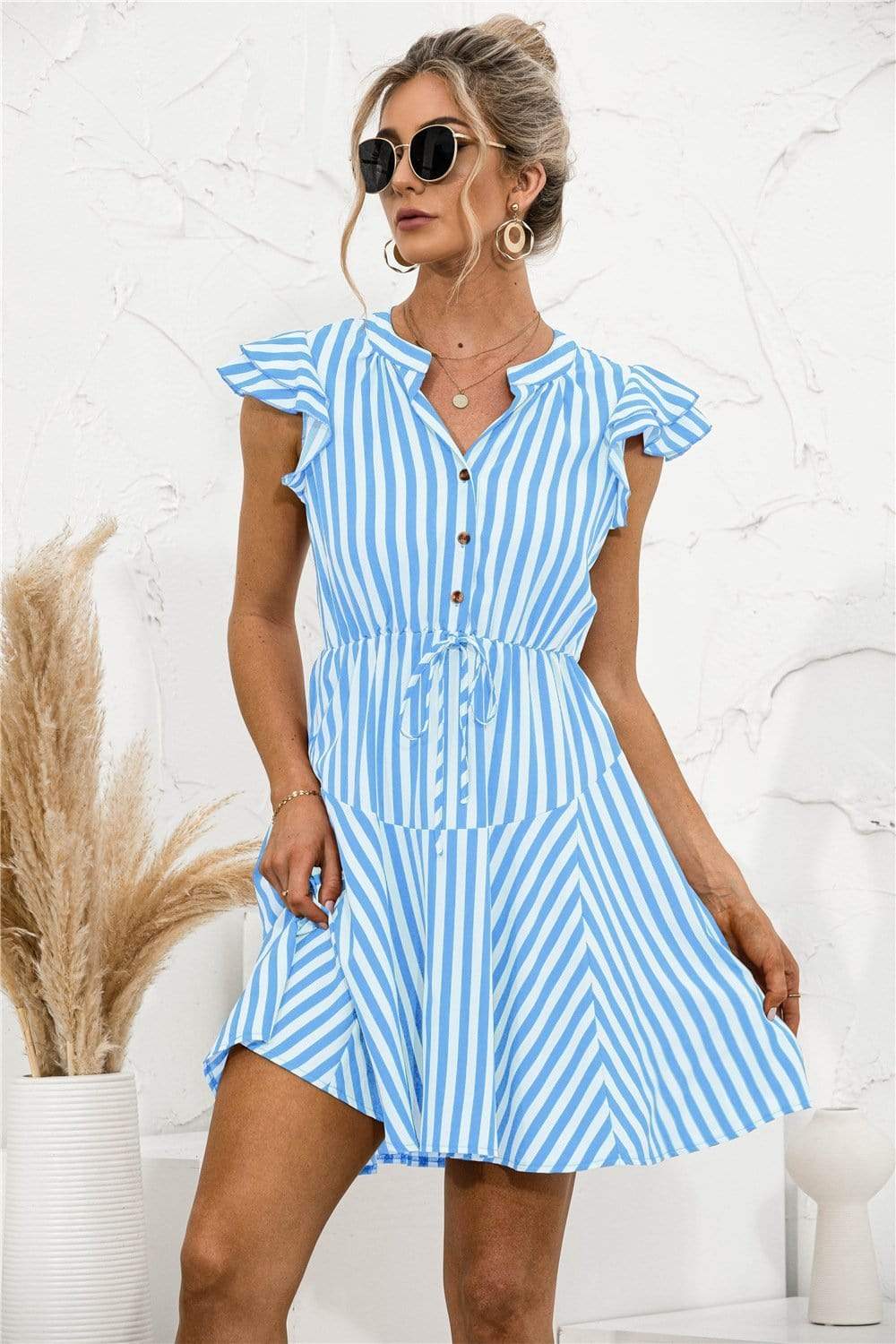 Anna-Kaci Striped Notched Collar Button Tied Front Should Sleeve Mini Dress for Women Large 8-10 / Light Blue