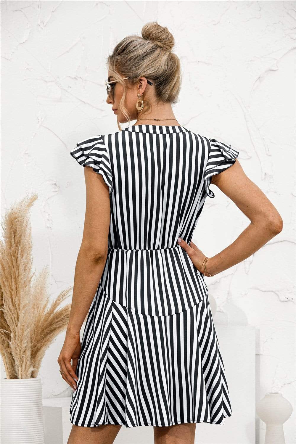 Anna-Kaci Striped Notched Collar Button Tied Front Should Sleeve Mini Dress for Women