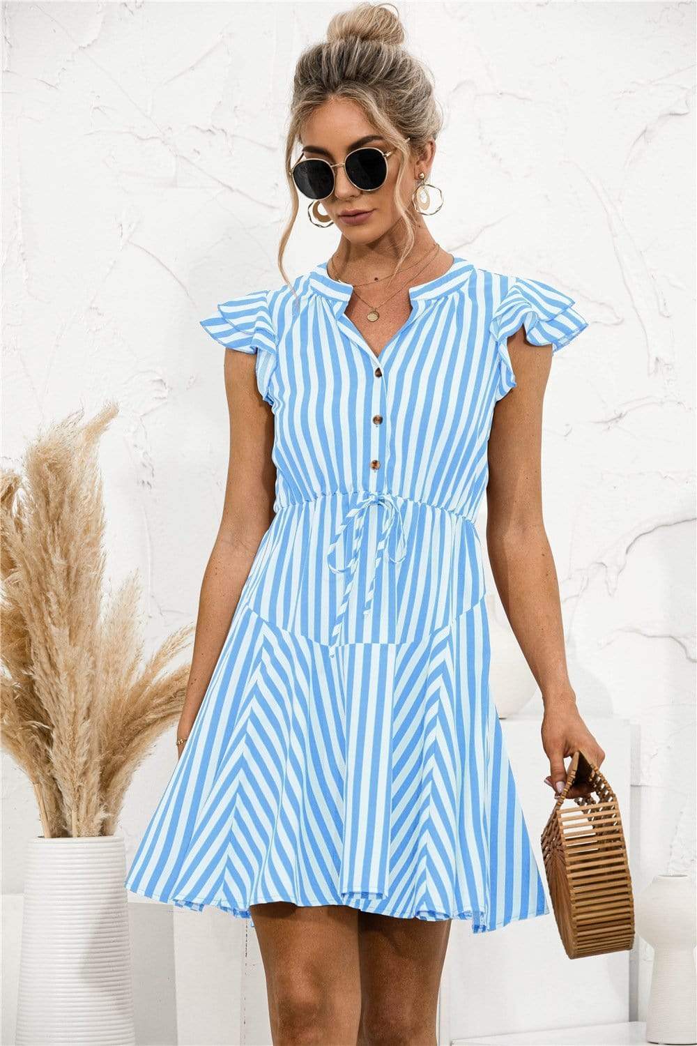 Anna-Kaci Striped Notched Collar Button Tied Front Should Sleeve Mini Dress for Women