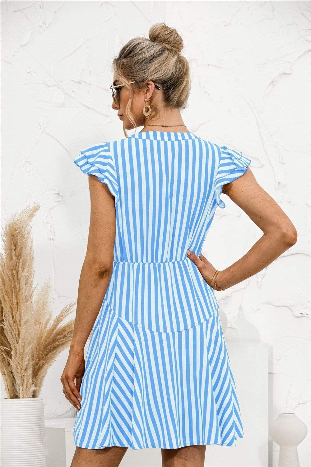 Anna-Kaci Striped Notched Collar Button Tied Front Should Sleeve Mini Dress for Women