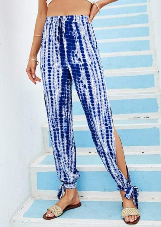 Anna-Kaci Summer Bliss Blue Dye Vacation Lounge Pants Open Tied Leg for Women Small 0-4