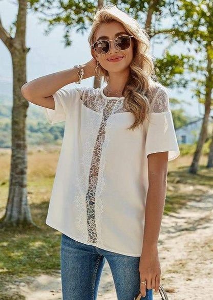 Anna-Kaci Summer Floral Sheer T-Shape Lace Trim Blouse for Women Small 0-4