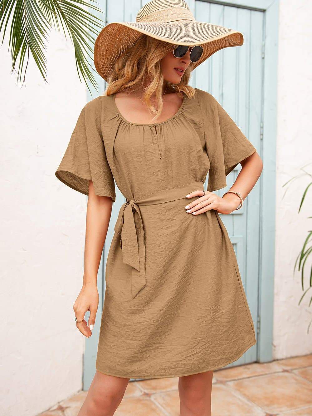 Anna-Kaci Textured Solid Tied Waist Tunic Dress U Neck with Half Sleeves for Women