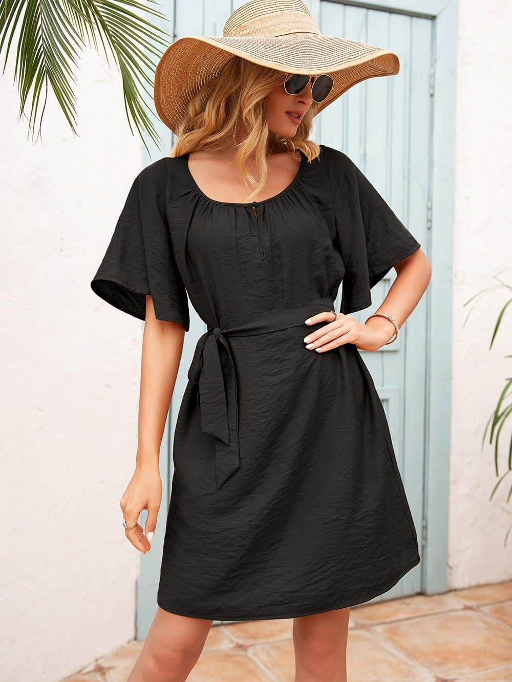 Anna-Kaci Textured Solid Tied Waist Tunic Dress U Neck with Half Sleeves for Women Small 0-4 / Black