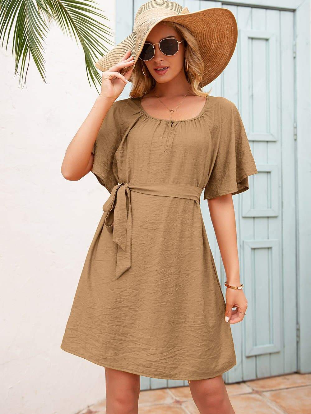 Anna-Kaci Textured Solid Tied Waist Tunic Dress U Neck with Half Sleeves for Women Small 0-4 / Light Tan