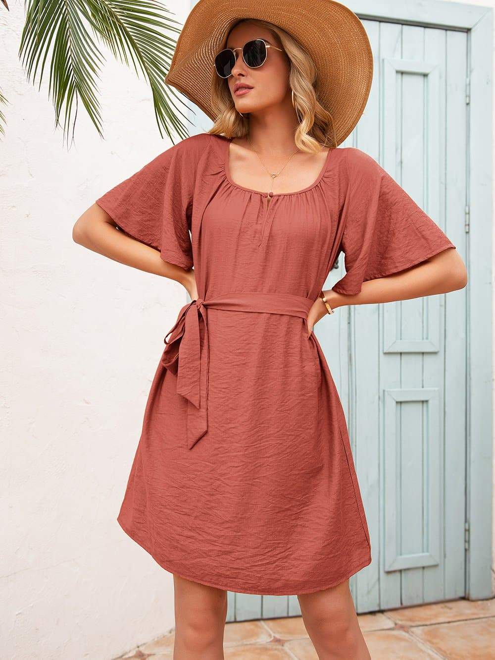 Anna-Kaci Textured Solid Tied Waist Tunic Dress U Neck with Half Sleeves for Women Small 0-4 / Rustic Red