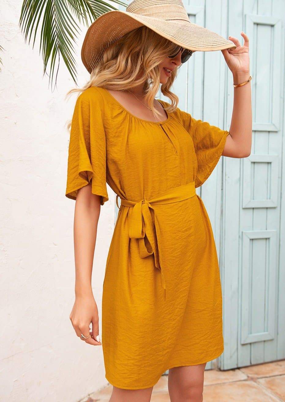 Anna-Kaci Textured Solid Tied Waist Tunic Dress U Neck with Half Sleeves for Women Small 0-4 / Sunset Yellow