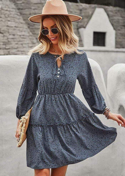 Anna-Kaci Tie Neck Button Detail Bishop Sleeve All Over Print Dress for Women