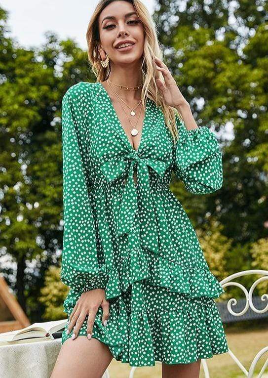 Anna-Kaci Tied Bow Front Floral Print Long Sleeve Ruffle Swing Dress for Women Large 8-10 / Green