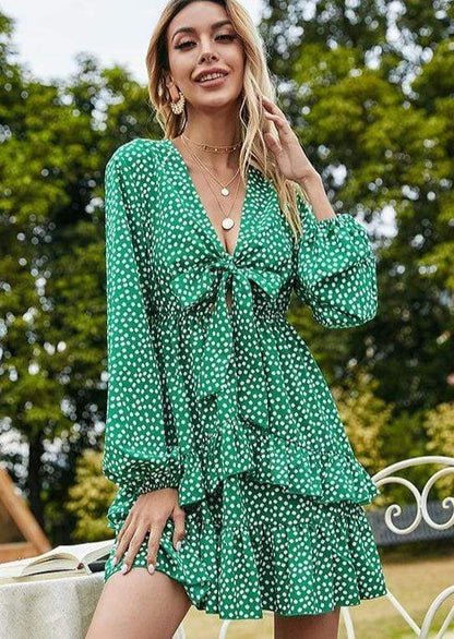 Anna-Kaci Tied Bow Front Floral Print Long Sleeve Ruffle Swing Dress for Women Large 8-10 / Green