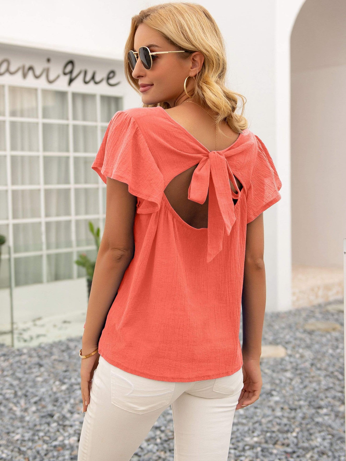 Anna-Kaci Tied Bow Open Back Textured Summer Blouse Top for Women Large 8-10 / Orange